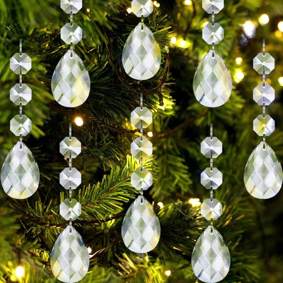 30pk Crystal Ornaments Christmas Tree Finial Teardrop Hanging Crystals Decor - Picture 1 of 8